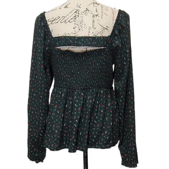 Old Navy Milkmaid Top XL Dark Foral Smocked Long Sleeve Peplum Peasant Boho Fall - Picture 4 of 7
